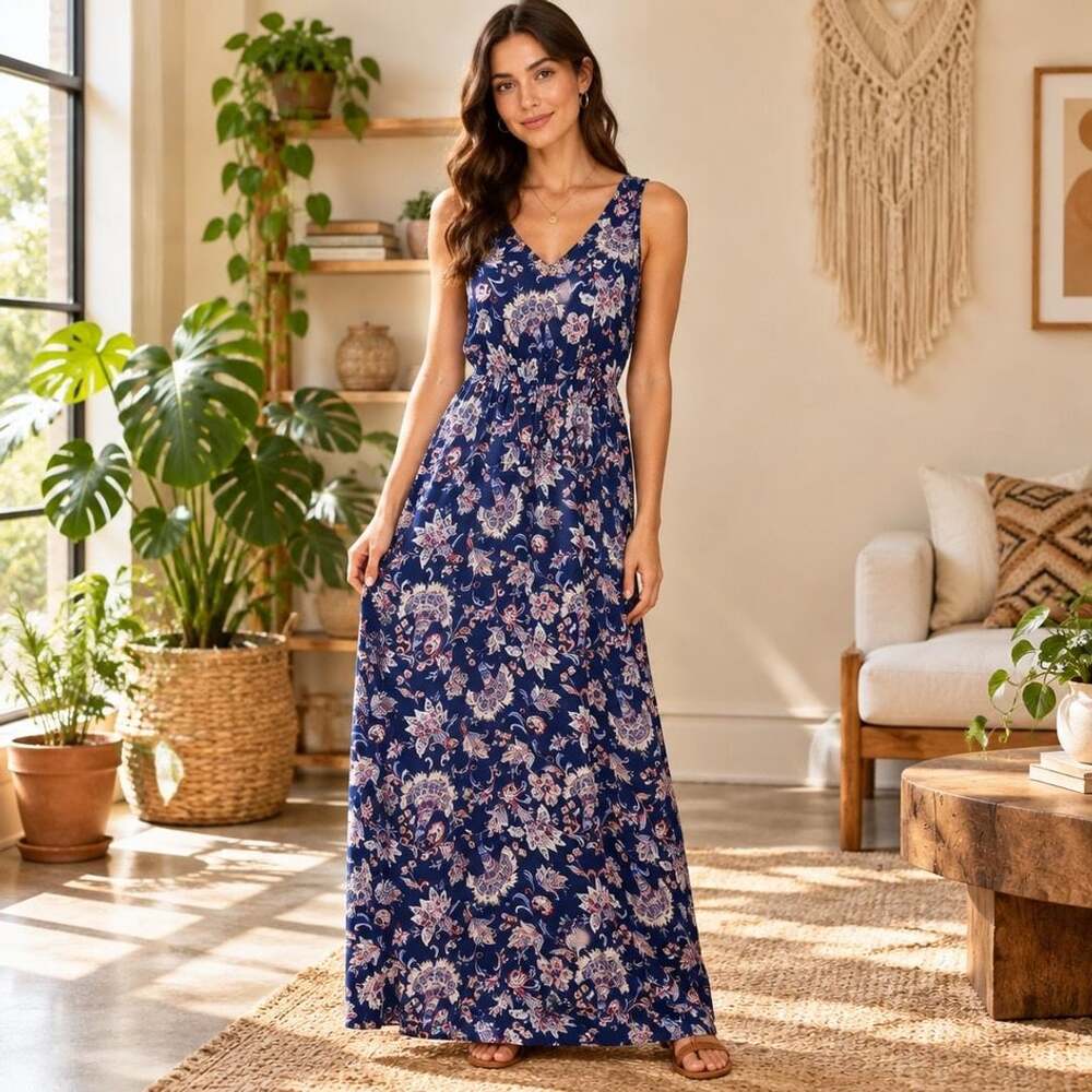 Lucky Brand Maxi Dress Size M Blue Floral V-Neck Sleeveless Viscose